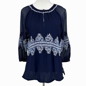 Rungolee Navy Embroidered Top Size Medium Sheer Boho‎ Blouse 3/4 Sleeve Lined